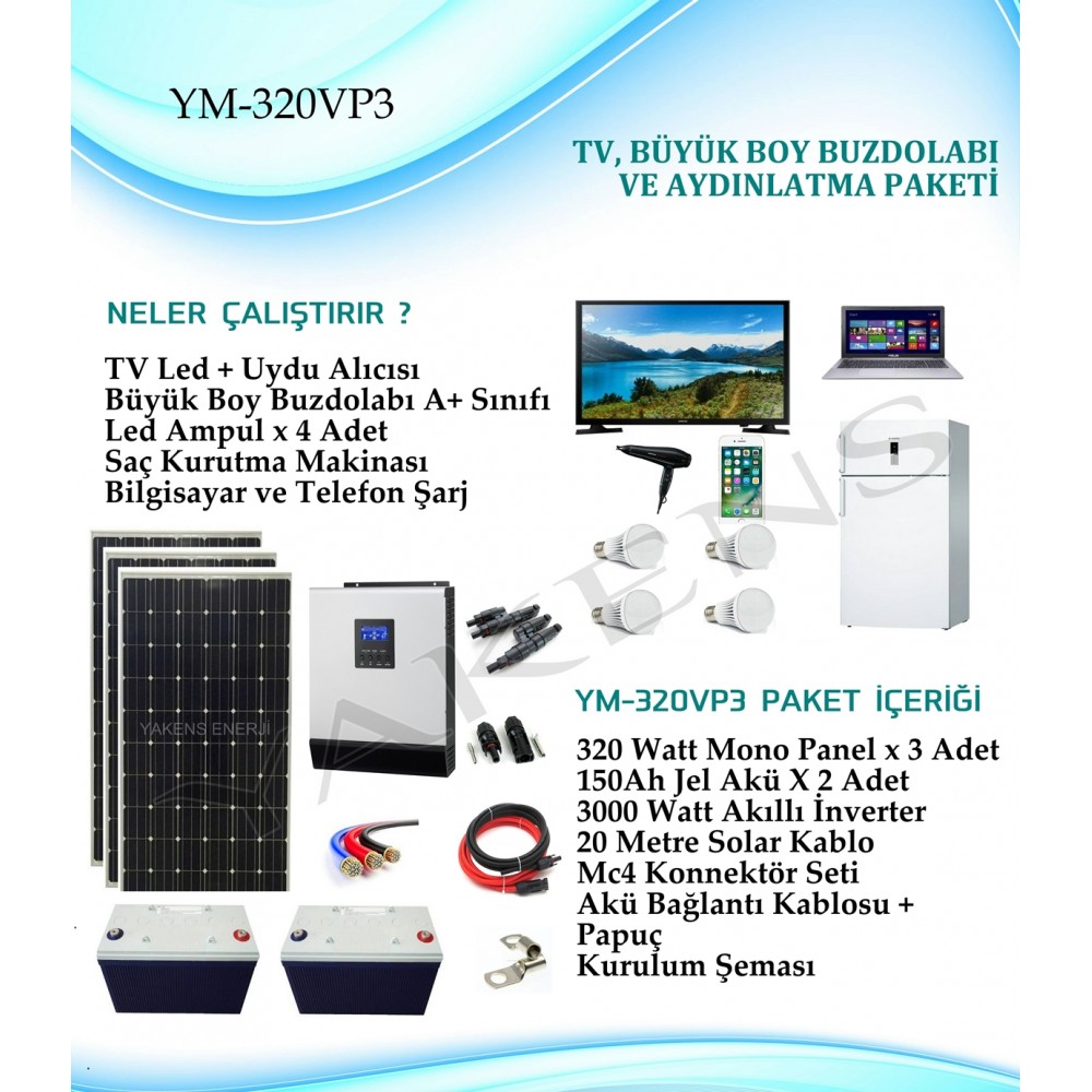 Büyük Boy Buzdolabı + Tv + Aydınlatma Monokristal Hazır Solar Paket YM-320VP3